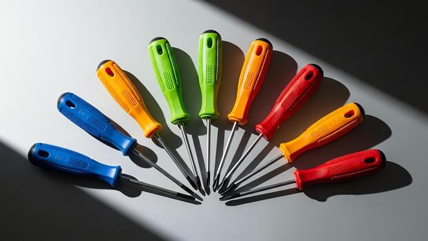 Colorful Screwdriver Set Arranged on Gray Surface with Strong Shadows photo