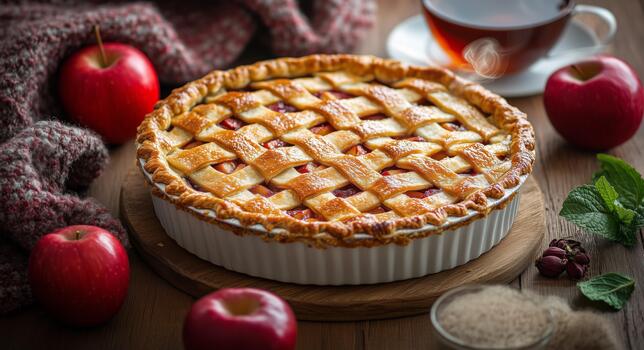 recién horneado manzana tarta en un de madera mesa con rojo manzanas y un taza de té en otoño ajuste. foto