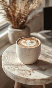 calentar taza de café con latté Arte metido en mármol mesa por el ventana en acogedor café ajuste foto