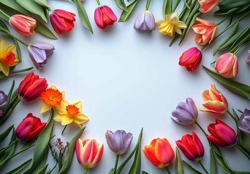 Bright Spring Flowers Arranged in a Heart Shape on a Light Background photo