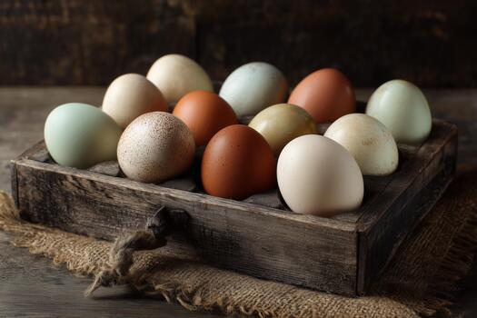 recién reunido huevos en un rústico de madera caja en un texturizado superficie foto