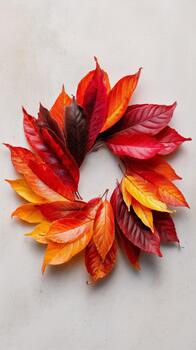 vistoso otoño hojas arreglado en un circular modelo en un ligero antecedentes. foto