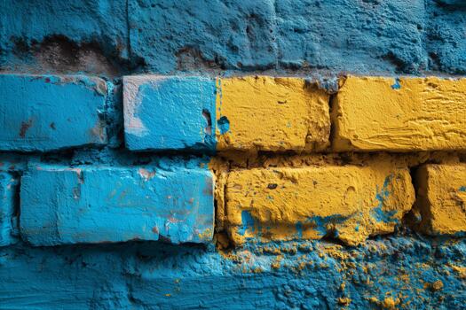 vistoso pared hecho de azul y amarillo ladrillos en urbano ajuste con único patrones y texturas foto
