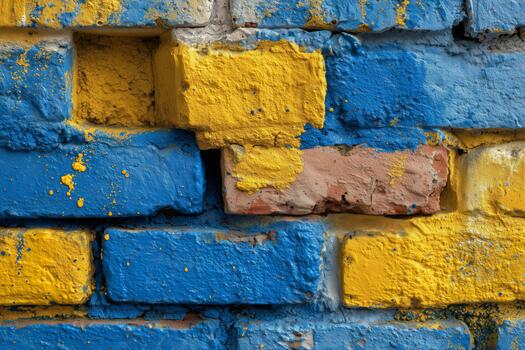 vistoso pared hecho de azul y amarillo ladrillos en urbano ajuste con único patrones y texturas foto