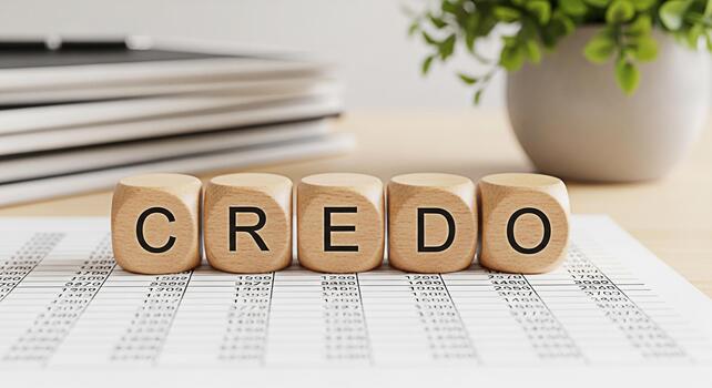 de madera bloques ortografía credo descansando en un financiero hoja de cálculo en un brillante oficina simbolizando núcleo valores y ético principios en negocio y personal vida promoviendo confiar y integridad foto