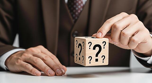 Thoughtful businessman in a suit contemplating a wooden cube with question marks on a white desk symbolizing uncertainty problemsolving and decisionmaking in a professional environment photo