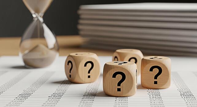 Wooden dice displaying question marks sitting on a financial report with an hourglass in the background representing uncertainty and the passage of time in business decisions and financial analysis photo