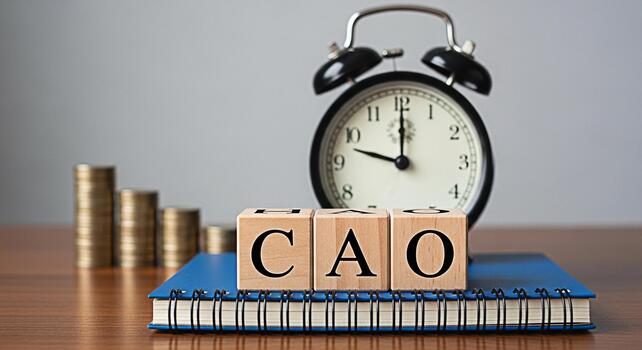 Wooden blocks spelling CAO resting on a notebook with stacks of coins and an alarm clock in a business setting symbolizing cost of acquisition optimization and time management for financial success photo