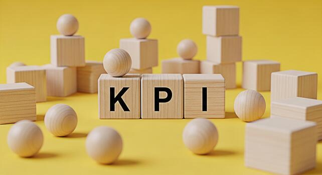 Wooden blocks displaying KPI on a bright yellow surface representing key performance indicators and business metrics conveying a sense of strategic planning and achievement in a minimalist setting photo