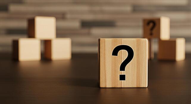 pregunta marca bloques de madera cubitos concepto incertidumbre problema resolviendo decisión haciendo elección conocimiento información educación aprendizaje examen prueba idea foto