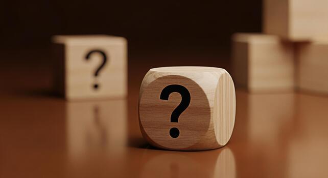 Wooden question mark dice symbolizing uncertainty and the need for answers resting on a reflective brown surface in a dimly lit contemplative setting evoking curiosity and problems photo