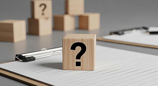 pregunta marca de madera bloques incertidumbre problema resolviendo decisión haciendo análisis planificación estrategia riesgo evaluación solución conocimiento información foto