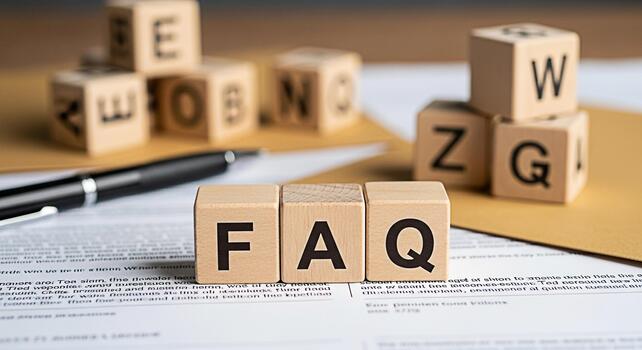 Wooden blocks spelling FAQ on a document with a pen symbolizing information support and clarity for frequently asked questions in a business setting photo