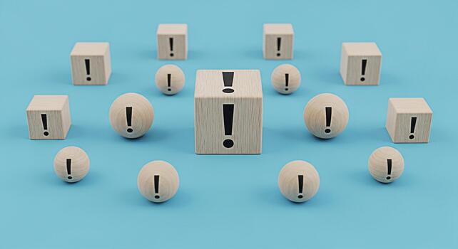 Wooden blocks and spheres displaying exclamation points on a blue surface representing a critical warning urgent alert or important information in a minimalist and attentiongrabbing composition photo