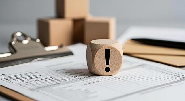 Wooden block with an exclamation mark sitting on a clipboard with a form in a bright office setting conveying a sense of urgency caution and the need for attention to detail in business and administra photo