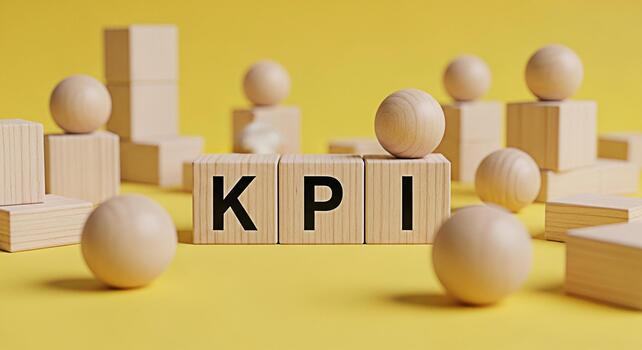 Wooden blocks displaying KPI on a yellow surface surrounded by geometric shapes representing key performance indicators and business success in a minimalist and modern setting photo
