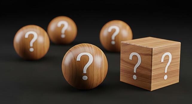 Wooden spheres and cube displaying question marks on a dark surface representing uncertainty mystery and the unknown evoking curiosity and a sense of inquiry in a minimalist setting photo