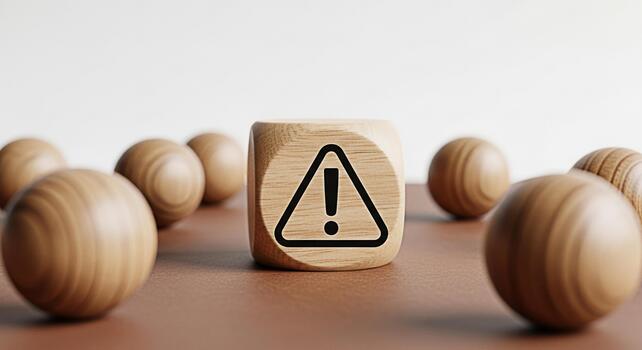 Wooden die displaying an attention sign on a brown surface surrounded by wooden balls creating a sense of caution and awareness in a minimalist setting highlighting potential risks and the need for vi photo