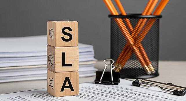 Wooden blocks spelling SLA resting on a contract in a professional office setting emphasizing service level agreement and business commitment creating a mood of precision and reliability in business o photo