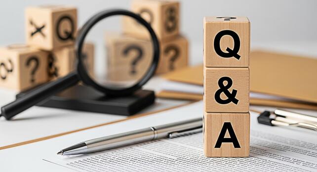 Wooden blocks displaying QA on a white desk with a magnifying glass and pen representing problemsolving and information seeking in a professional and educational environment conveying clarity and unde photo