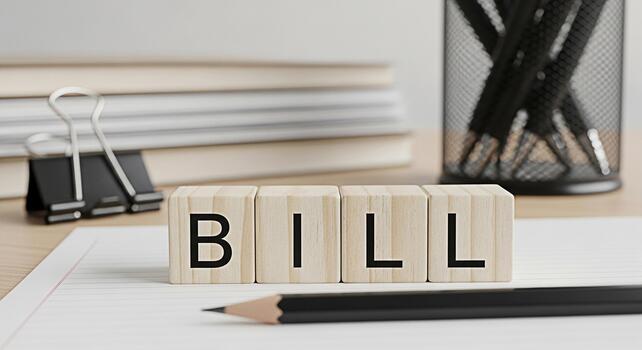 Wooden blocks spelling BILL on a desk with a pencil and notebook representing financial obligations and payment reminders in a workspace creating a sense of responsibility and organization photo