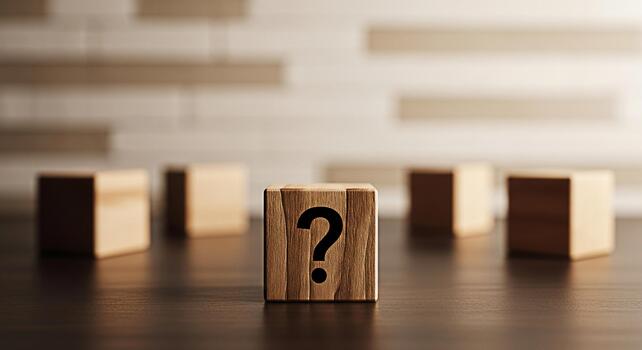 Wooden block displaying a question mark on a dark wooden table surrounded by other blocks symbolizing uncertainty and the search for answers in a minimalist and contemplative setting photo