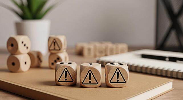 Wooden dice displaying warning signs on a desk symbolizing risk assessment and hazard identification in a business environment creating a sense of caution and preparedness for potential challenges photo