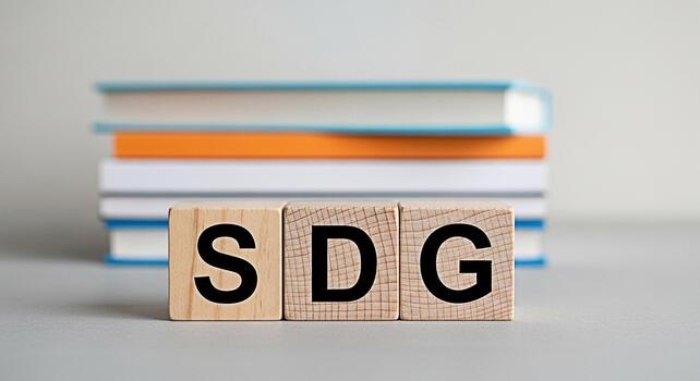 Wooden blocks displaying SDG in a learning environment with stacked books representing Sustainable Development Goals and fostering a global commitment to education and a better future for all photo