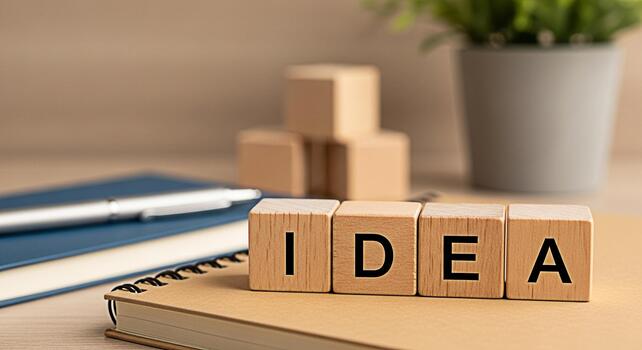 Wooden blocks spelling IDEA resting on a notebook in a bright minimalist office setting symbolizing creativity innovation and the generation of new concepts for business and personal growth photo
