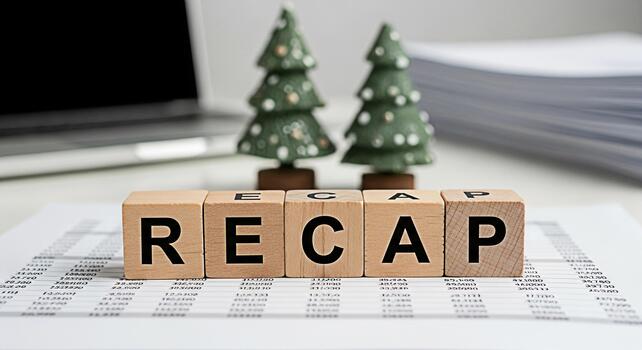 Wooden blocks spelling RECAP on financial documents with Christmas trees in the background symbolizing yearend review and business performance analysis in a festive and reflective atmosphere photo