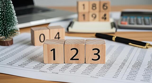 Wooden blocks displaying numbers on a financial spreadsheet symbolizing accounting and auditing in a business setting conveying a sense of precision and attention to detail for financial success photo