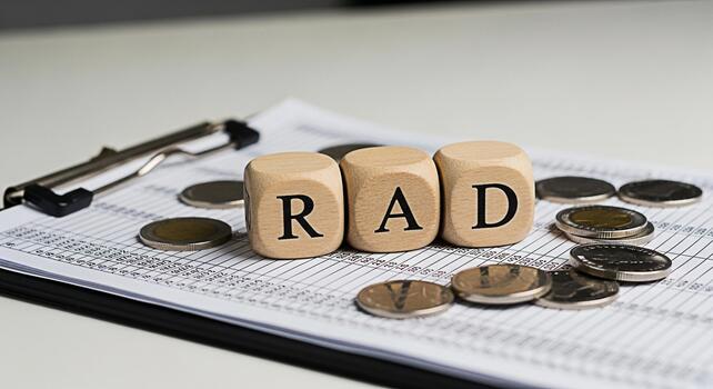 Wooden blocks spelling RAD resting on a financial spreadsheet with coins symbolizing risk assessment and decisionmaking in a business context highlighting financial analysis and investment strategies photo