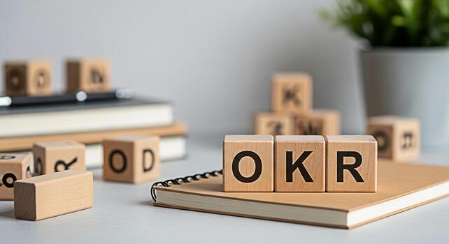 OKR wooden blocks displayed on a notebook in a bright office setting representing objectives and key results for business growth and strategic planning with a focus on goal setting and achievement photo