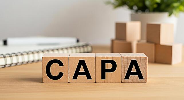 Wooden blocks spelling CAPA on a desk representing Corrective and Preventive Action a quality management concept for continuous improvement in a bright office environment conveying a professional mood photo