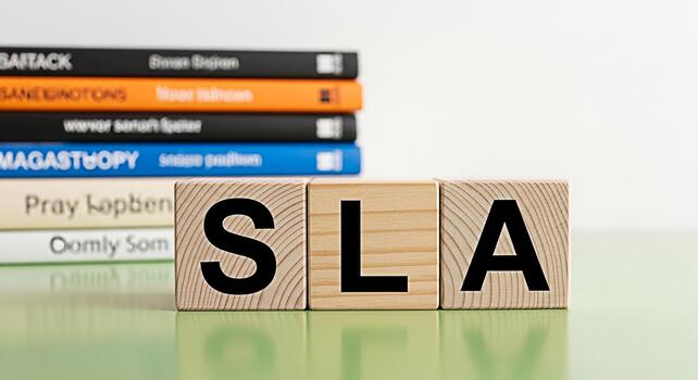 Wooden blocks spelling SLA on a green surface with blurred books in the background representing Service Level Agreement a concept of business commitment and quality assurance in a professional setting photo