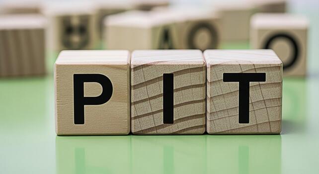 Wooden blocks spelling PIT on a green surface representing a challenging situation or a low point evoking feelings of adversity and the need for resilience in a business or personal context photo