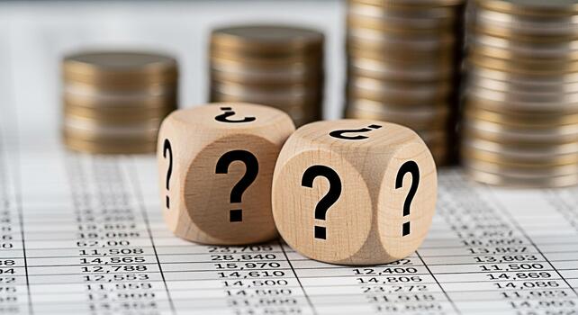 de madera dado mostrando pregunta marcas descansando en un financiero reporte con pilas de monedas en el antecedentes representando financiero incertidumbre y inversión decisiones en un complejo mercado ambiente foto