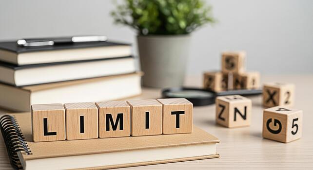 Wooden blocks spelling LIMIT sitting on a notebook in a bright office representing boundaries and restrictions promoting focus and productivity in a work environment with books and a plant photo