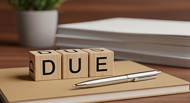 Wooden blocks spelling DUE resting on a notebook with a pen in a bright office representing deadlines reminders and important tasks in a professional and organized workspace photo