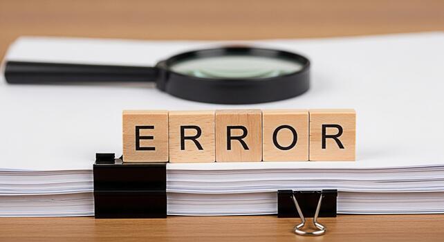 Wooden blocks spelling ERROR sitting atop a stack of papers on a wooden desk with a magnifying glass in the background representing mistakes problems and the need for careful review and correction photo
