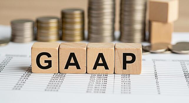 Wooden blocks spelling GAAP on a financial statement with stacks of coins in the background representing financial compliance and transparency in a business setting conveying trust and reliability photo