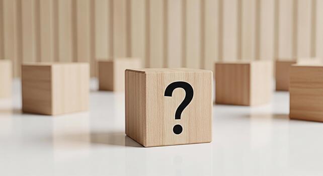 Wooden block displaying a question mark on a white surface surrounded by other blocks creating a sense of mystery and uncertainty in a minimalist and clean studio setting perfect for conceptual illust photo