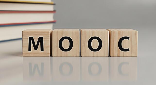 Wooden blocks displaying MOOC concept on a reflective surface with books in the background representing massive open online courses and accessible education for lifelong learning and skill development photo