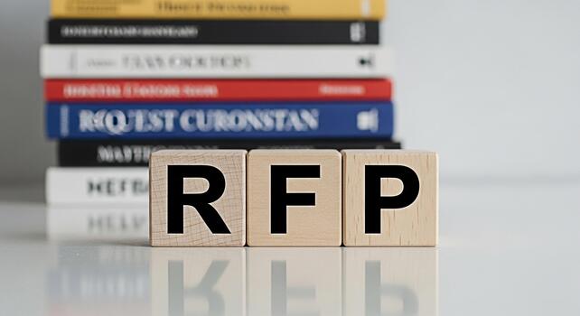 Wooden blocks displaying RFP on a white surface with a stack of books in the background representing a formal request for proposals in a professional and academic environment photo