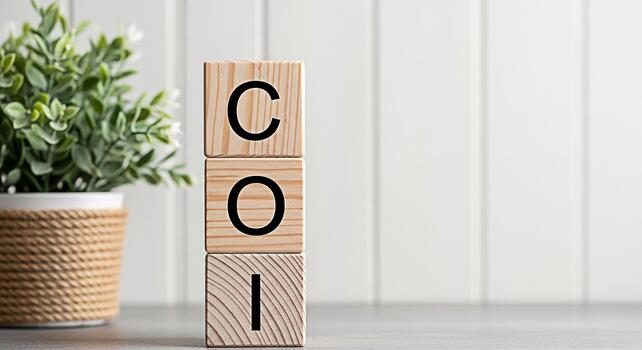 Wooden blocks spelling out COI in a bright minimalist setting representing conflict of interest and ethical considerations promoting transparency and integrity in business and governance photo