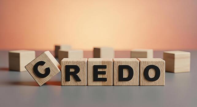 Wooden blocks spelling CREDO on a gray surface conveying a message of belief and principles in a warm inviting setting symbolizing values ethics and a strong foundation for business and personal life photo