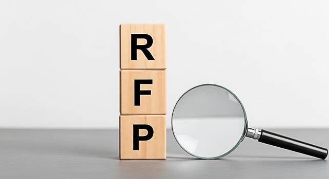 Wooden blocks spelling RFP being examined with a magnifying glass on a gray surface symbolizing a detailed review and analysis of a Request for Proposal in a business setting conveying thoroughness an photo