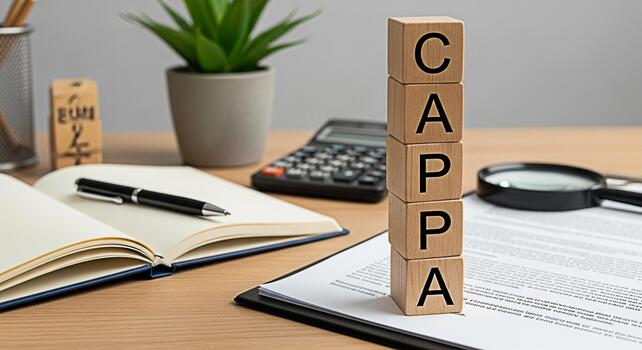 CAPPA wooden blocks standing on a desk with an open notebook pen calculator and magnifying glass representing a focus on corrective and preventive actions in a business environment photo