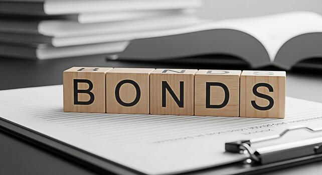 Wooden blocks spelling BONDS rest on a financial document in a professional setting symbolizing investment security and financial stability with a focus on fixed income assets and wealth management st photo