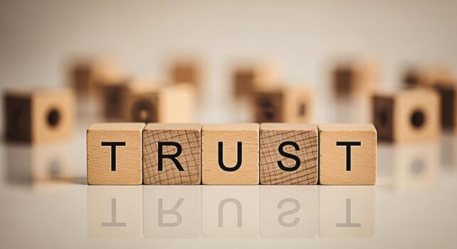 Wooden blocks spelling TRUST on a reflective surface conveying reliability and confidence in a neutral setting symbolizing strong relationships and ethical business practices with a sense of stability photo